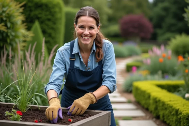 Femme souriante plantant des fleurs dans un jardin