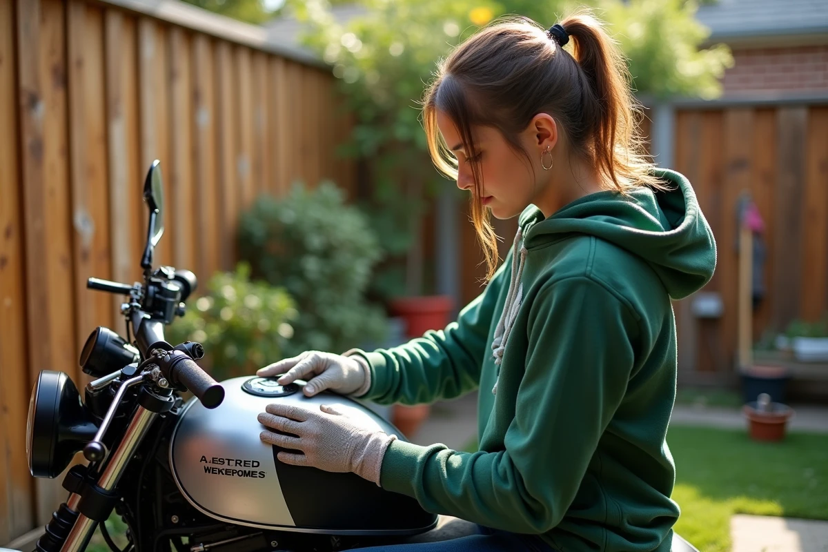 Jeune femme appliquant des decals sur une moto en jardin