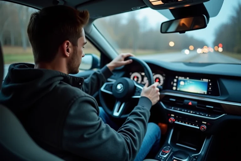 Jeune homme dans une voiture regardant le tableau de bord