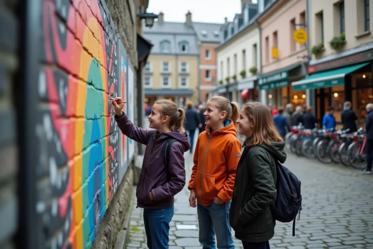 Jeunes bretons peignant un mural coloré en ville