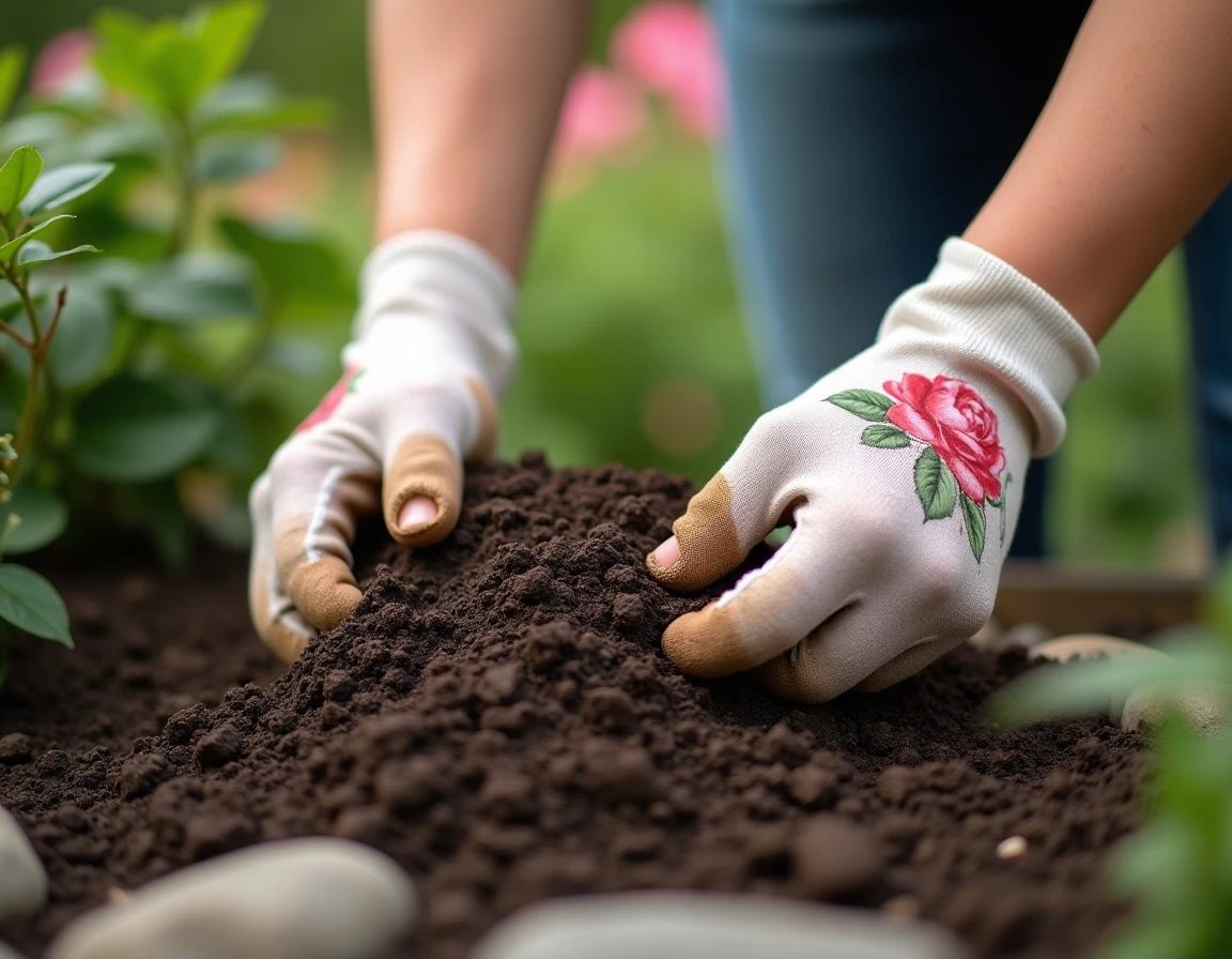 Gros plan de mains gantées appliquant du paillis autour d'un rosier en fleurs dans un massif de jardin entretenu