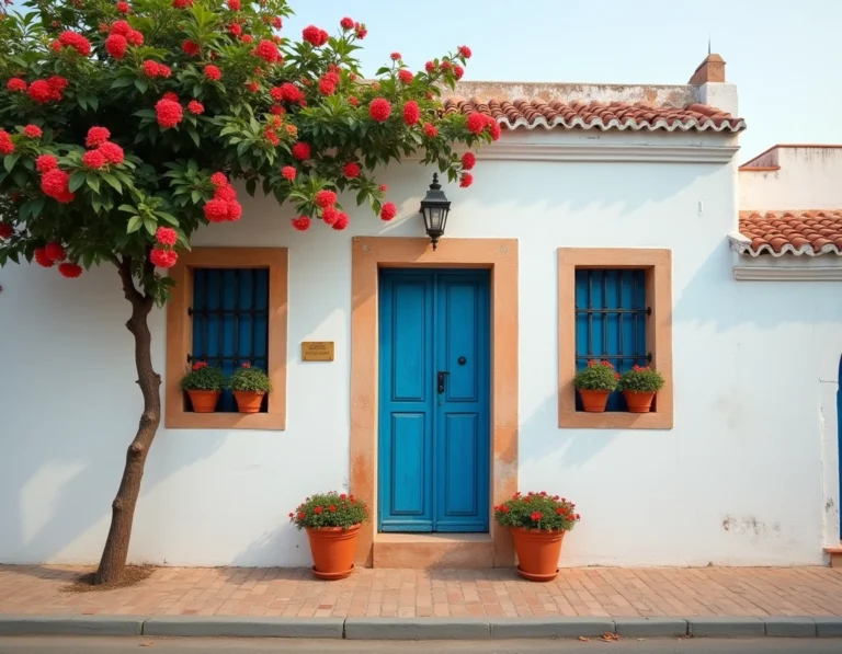 Maison traditionnelle avec jardin à Essaouira, façade blanchie à la chaux avec porte bleue et bougainvilliers