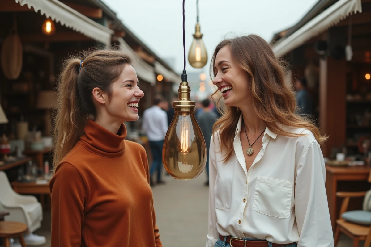 Deux femmes découvrant une lampe design tendance à prix abordable dans un marché aux puces spécialisé en mobilier vintage