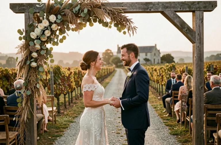 Mariés échangeant leurs vœux sous une arche rustique dans un vignoble de campagne française lors d'un mariage en plein air personnalisé