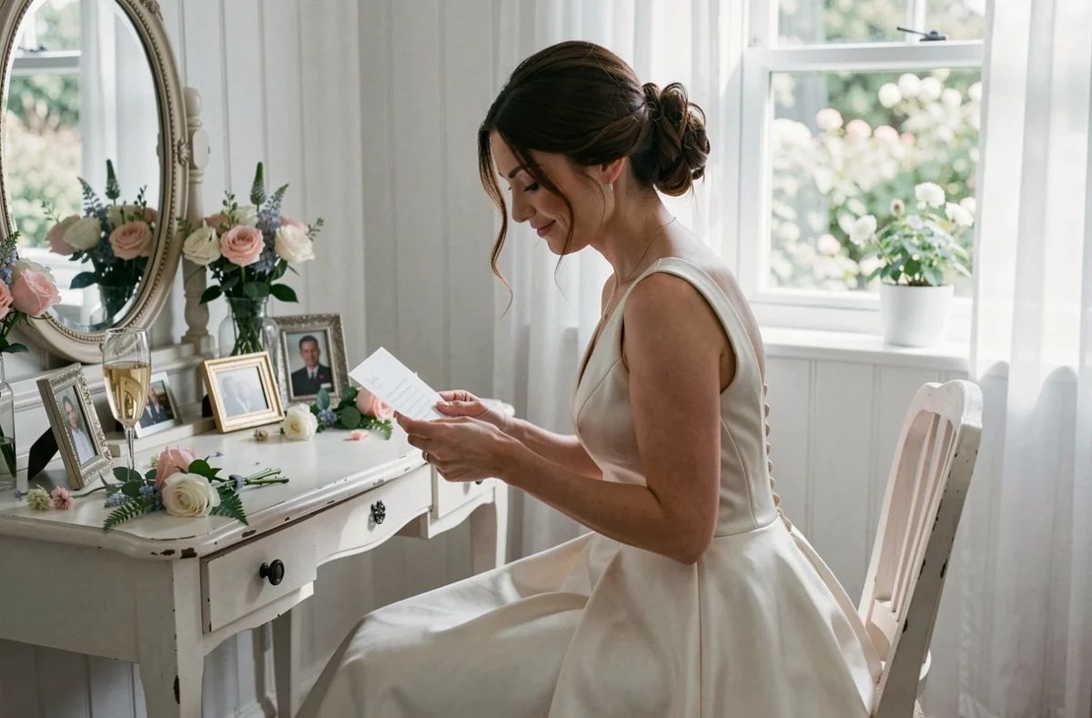 Mariée en robe de satin lisant une lettre dans sa loge le matin du mariage, ambiance intime et personnelle