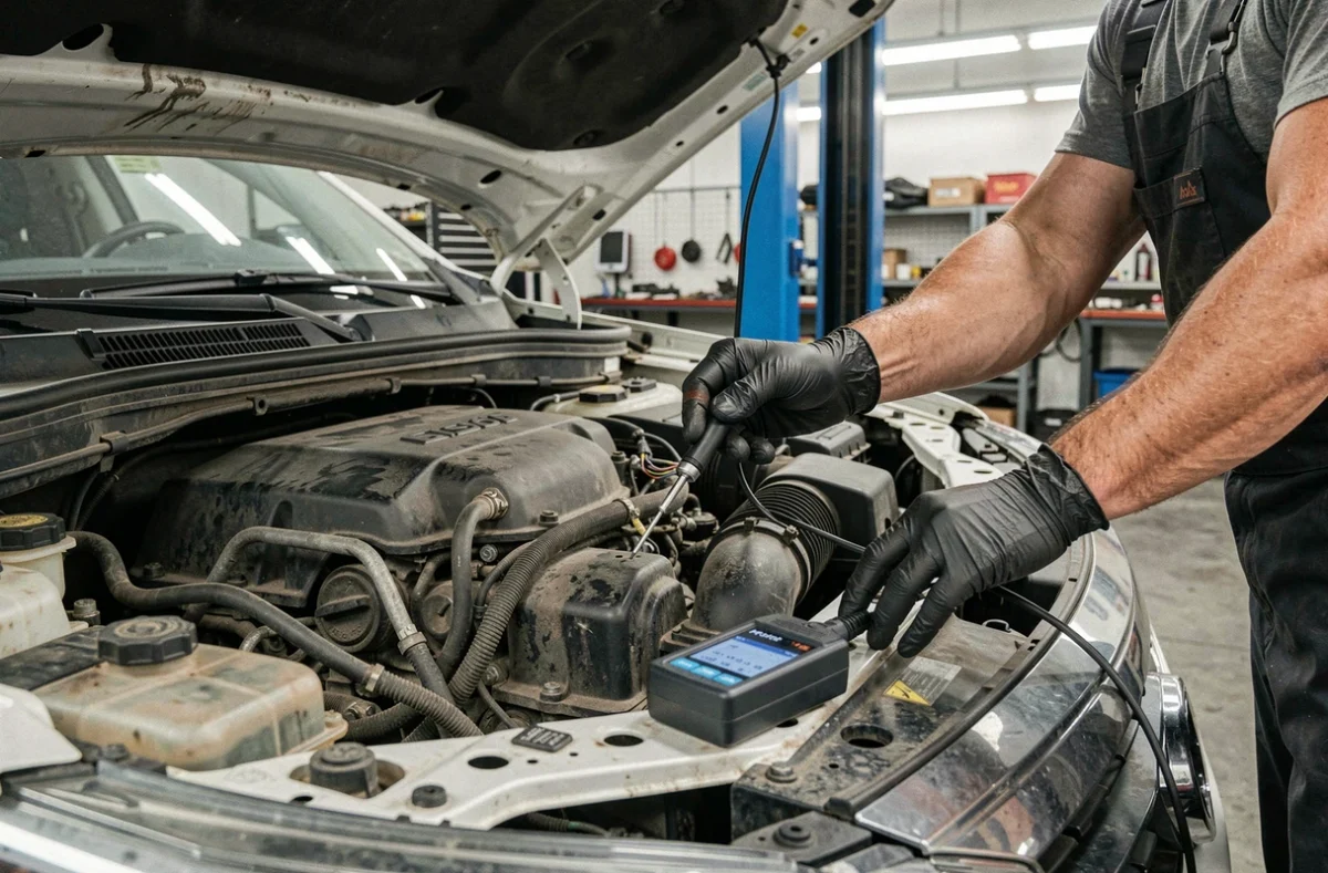 Gros plan sur les mains d'un mécanicien inspectant le compartiment moteur d'un SUV avec un outil de diagnostic