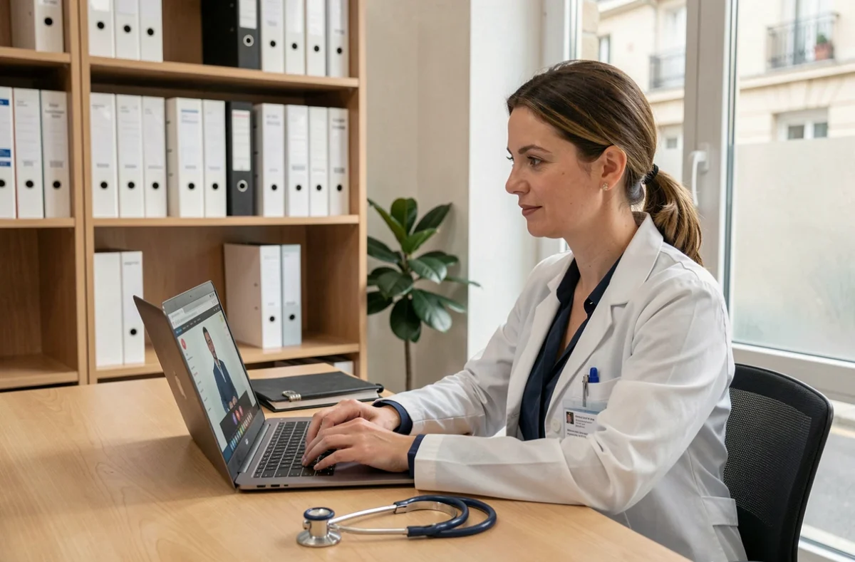 Médecin généraliste française en téléconsultation dans un cabinet médical moderne, illustrant l'accès aux soins à distance en France