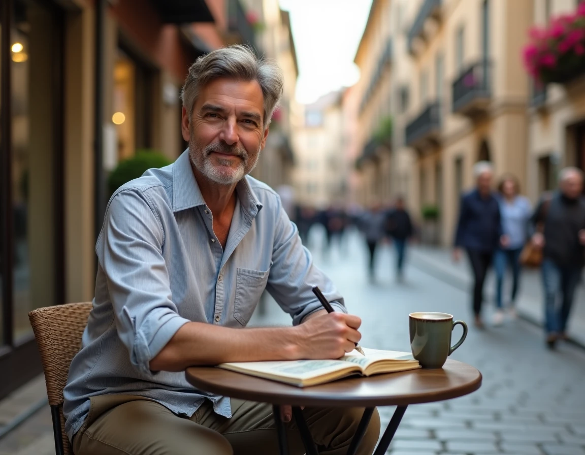 Homme prenant des notes dans un carnet de voyage en terrasse de café sur une rue pavée européenne