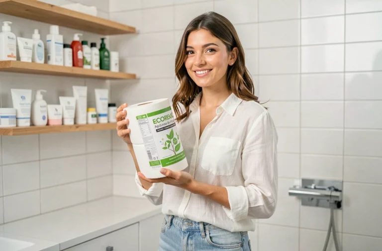 Femme tenant un produit Wype dans une salle de bain moderne et épurée, illustrant les nouveautés eco-responsables de la marque