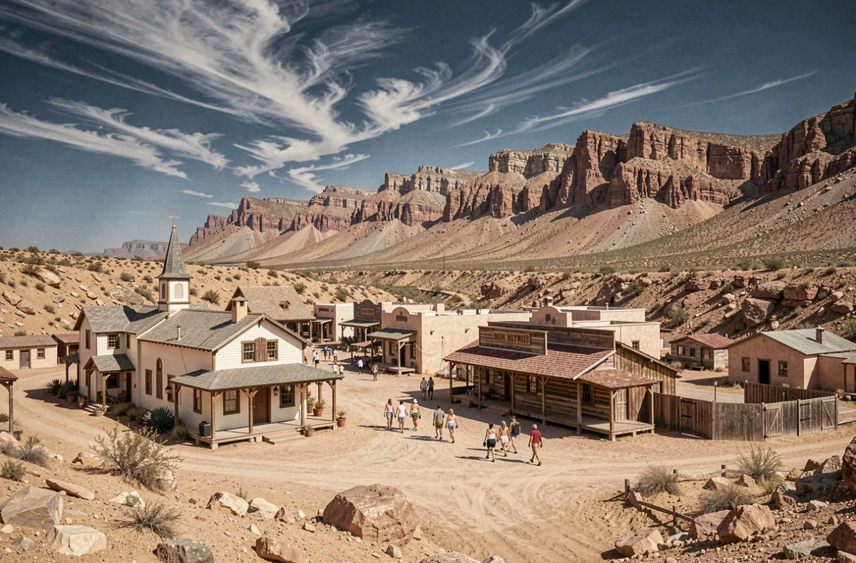 Vue panoramique du parc Mini Hollywood Oasys dans le désert d'Almería en Espagne avec les décors de western authentiques et le paysage aride environnant