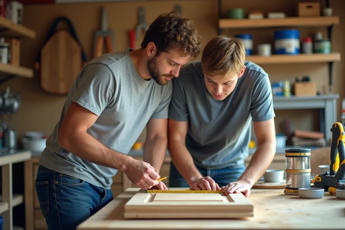 Père et fils mesurant une porte de cuisine ensemble