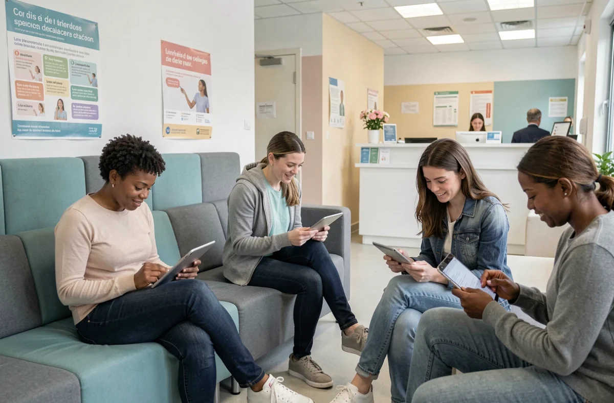 Patients utilisant des tablettes numériques dans une salle d'attente modernisée d'un centre de santé communautaire en France, symbolisant la transformation digitale des soins