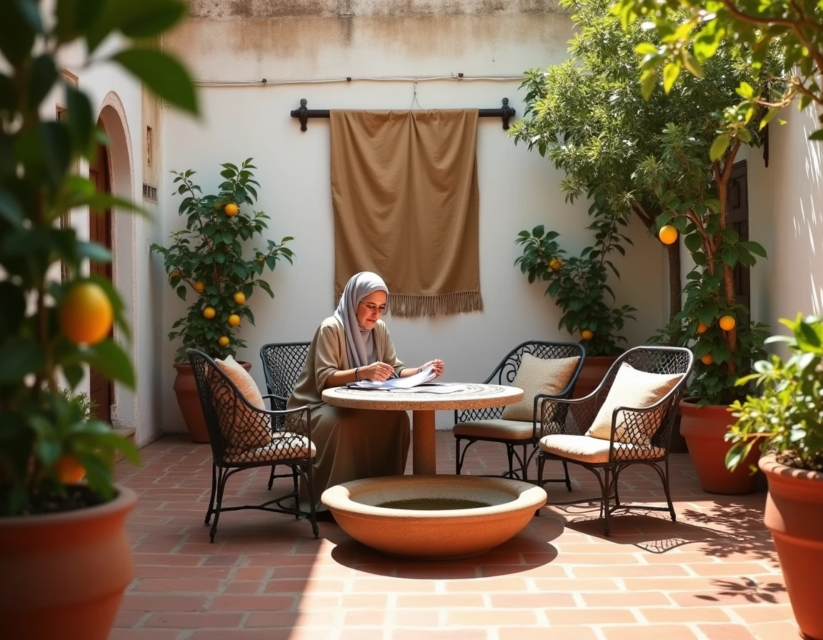 Patio intérieur avec jardin d'une maison en location longue durée à Essaouira, femme consultant des documents