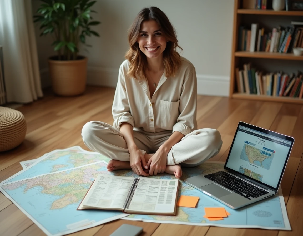 Femme planifiant ses vacances entourée de cartes, journal de voyage et ordinateur portable sur le sol d'un salon cosy