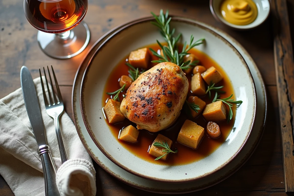Plat traditionnel français servi dans une assiette en céramique artisanale sur une table en bois brut au restaurant La Petite Maison dans la Prairie