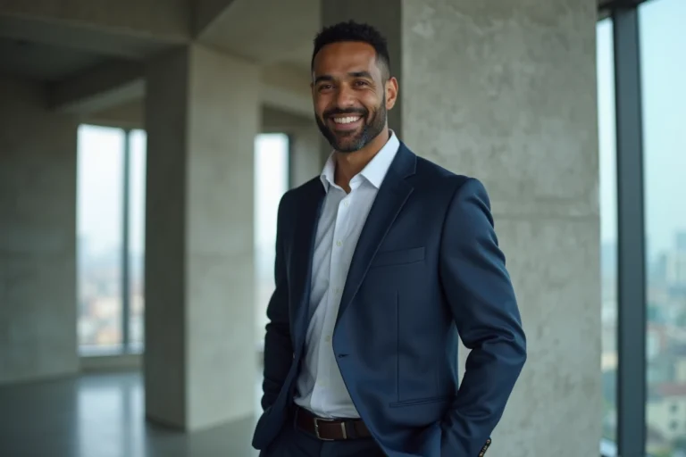 Portrait professionnel d'un entrepreneur d'origine maghrébine en costume bleu marine dans un bureau moderne avec vue sur la ville