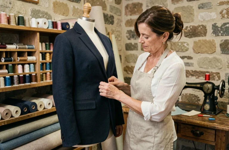 Couturière épinglant l'ourlet d'un blazer marine sur un mannequin dans un atelier de retouches à Toulouse