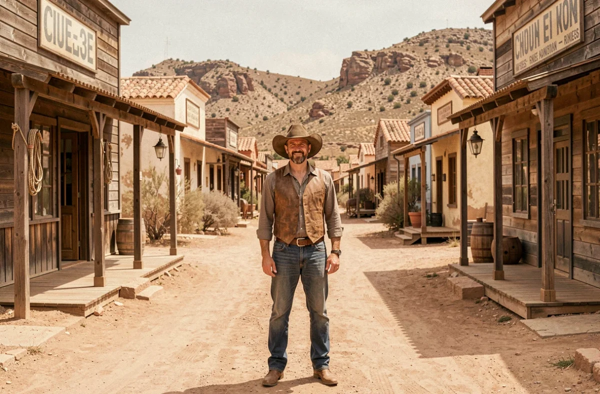 Rue principale de Mini Hollywood Oasys en Espagne avec décor de far west authentique et acteur en costume de cowboy sous le soleil andalou