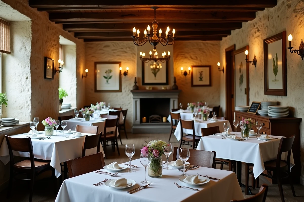 Salle de restaurant rustique avec poutres en bois, murs en pierre et tables dressées avec soin à La Petite Maison dans la Prairie