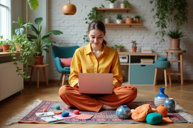 Femme assise sur un parquet en bois entourée d'objets colorés, naviguant sur un site de shopping en ligne depuis son appartement parisien décoré