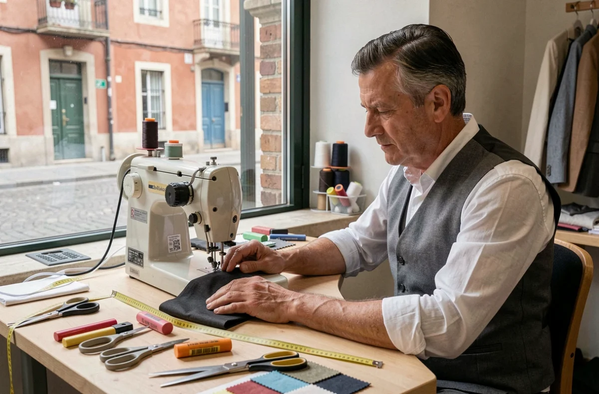 Tailleur masculin au travail sur une machine à coudre dans une boutique de retouches du centre de Toulouse