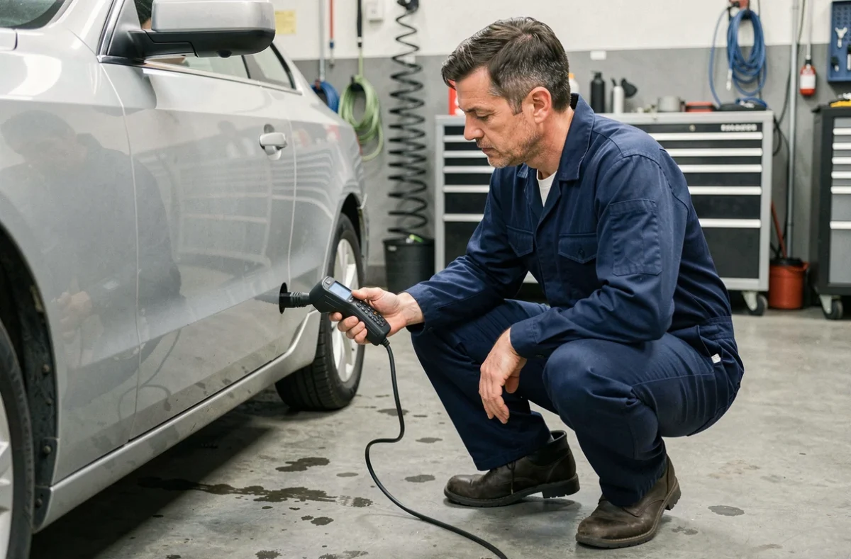 Technicien automobile réalisant un diagnostic OBD-II sur une berline argentée dans un garage professionnel