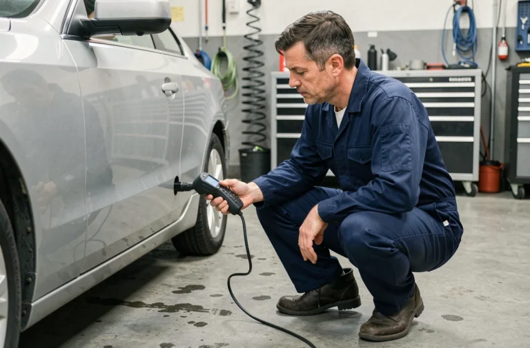 Technicien automobile réalisant un diagnostic OBD-II sur une berline argentée dans un garage professionnel