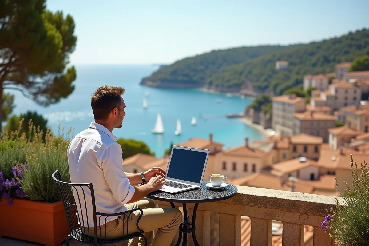 Homme travaillant en télétravail sur une terrasse avec vue panoramique sur une ville côtière provençale
