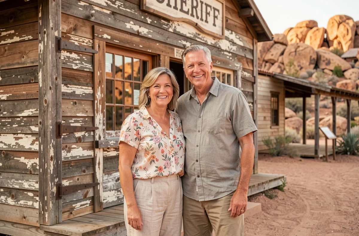 Couple de touristes souriant devant le bureau du shérif en bois vieilli du parc Mini Hollywood Oasys dans le désert d'Almería en Espagne