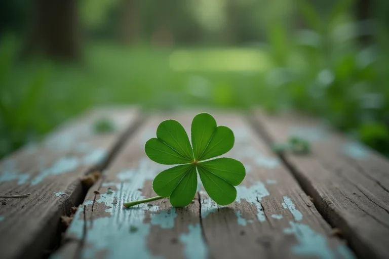Trèfle à cinq feuilles posé sur une surface en bois rustique avec des gouttes de rosée, symbole de rareté et de spiritualité