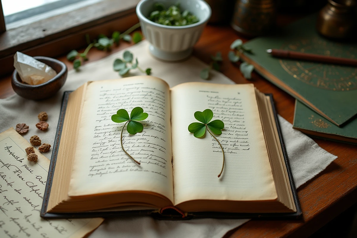 Trèfle à cinq feuilles pressé dans un livre ancien entouré d'objets ésotériques et de notes manuscrites sur un bureau en bois