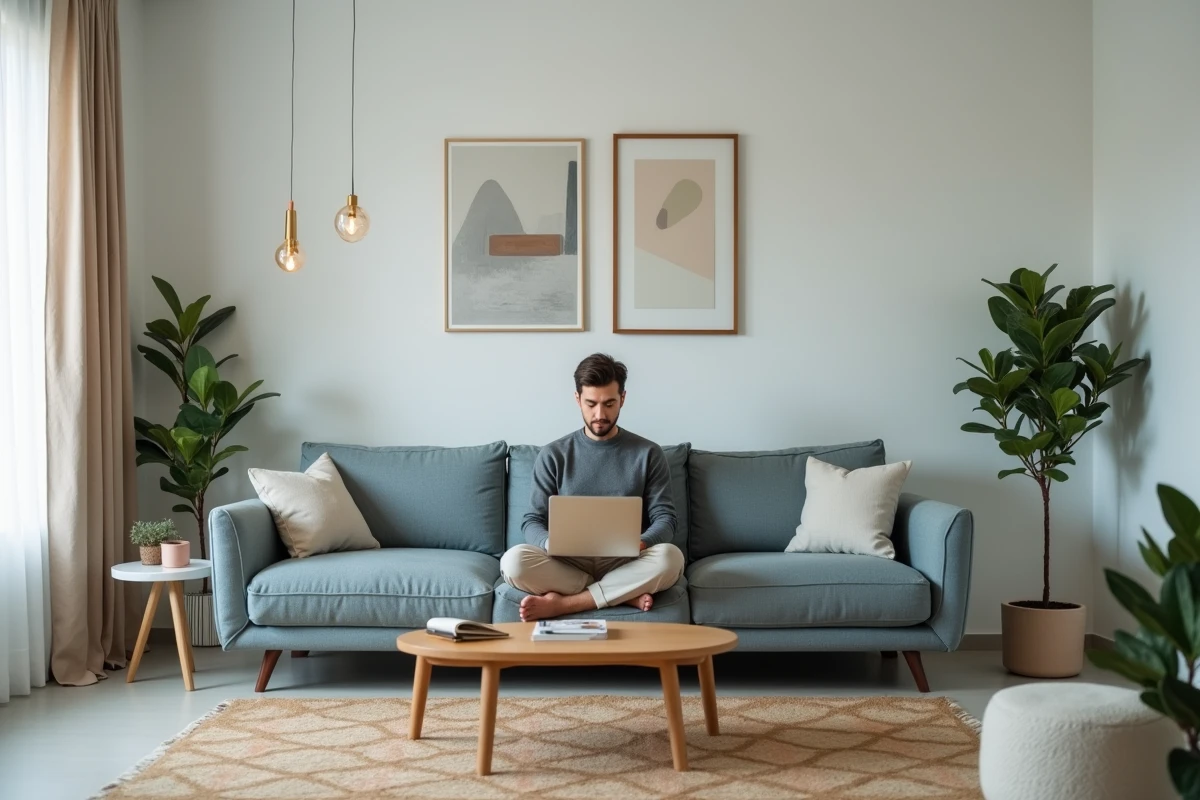 Homme recherchant du mobilier design tendance à prix réduit sur une application en ligne depuis son salon moderne