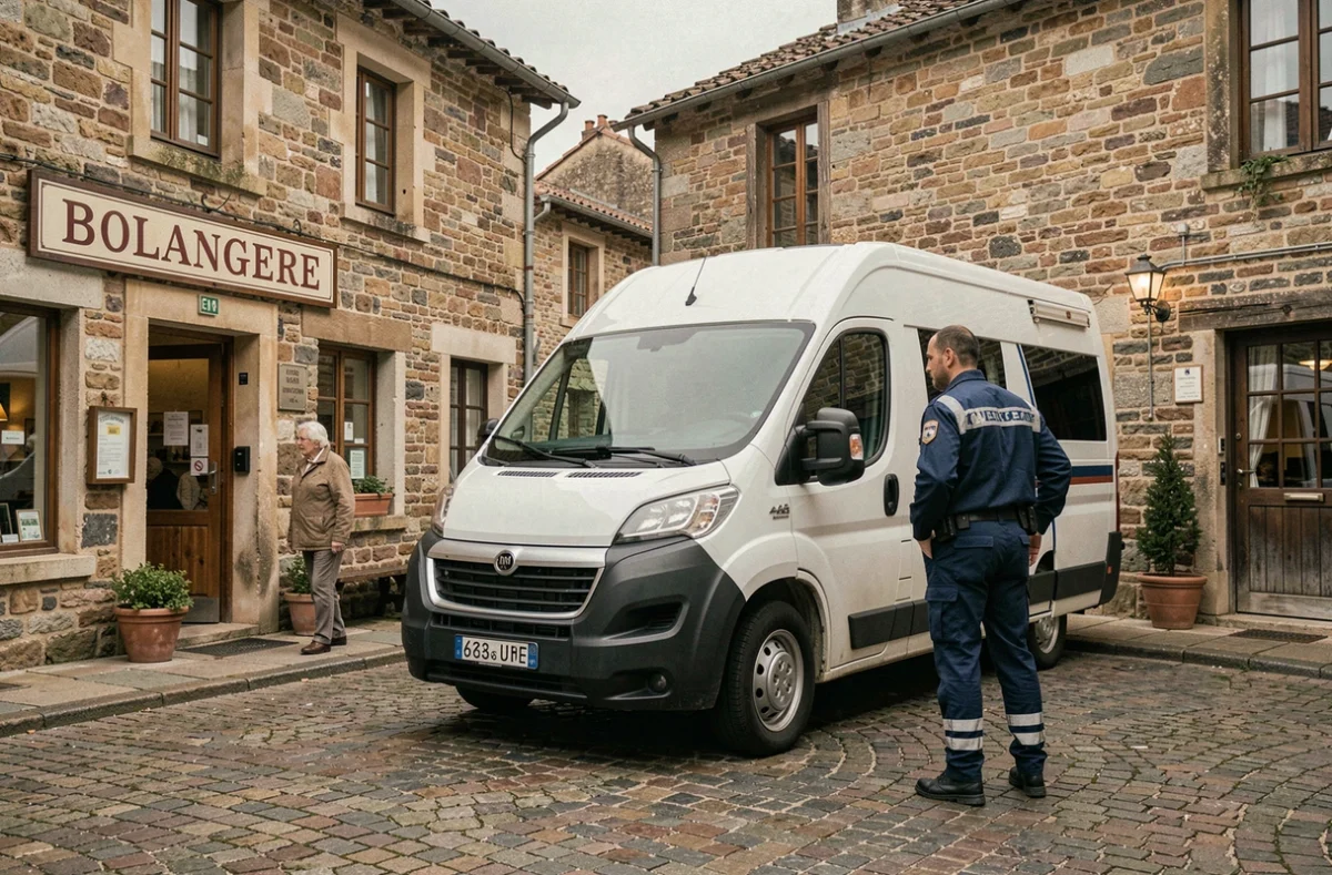 Infirmier paramédical devant un camion de santé mobile dans un village rural français, représentant les initiatives d'accès aux soins en zone rurale