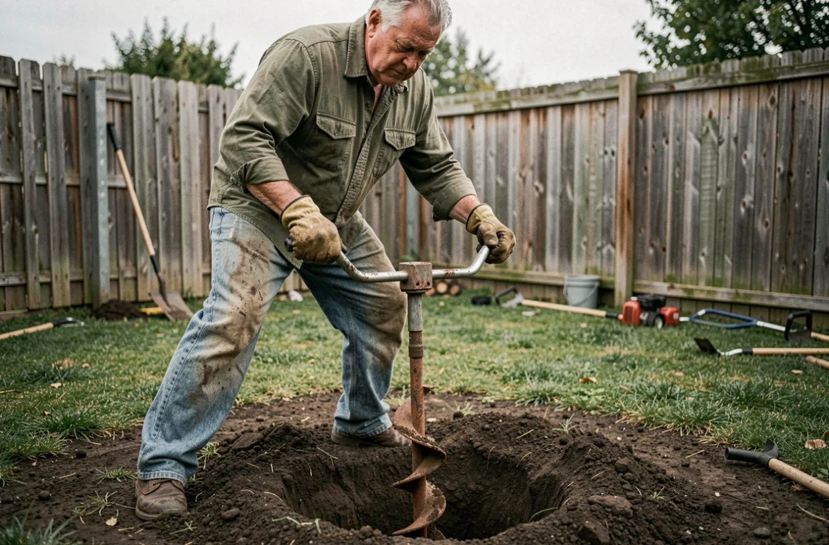 Homme utilisant une tarière thermique GT Garden TT-GD520 pour percer le sol dans un jardin