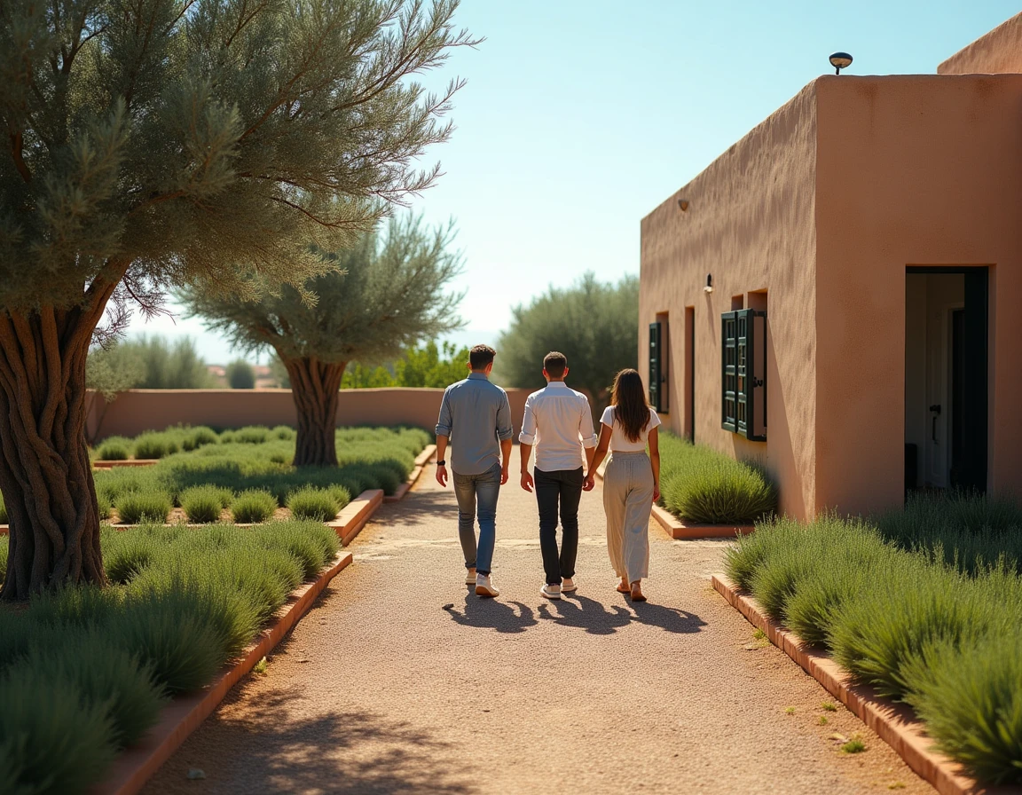 Agent immobilier présentant une maison avec jardin à Essaouira à un couple en visite pour une location longue durée